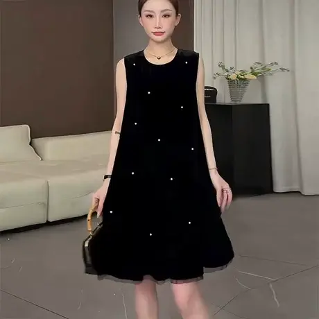 法式小香风蝴蝶结镶钻黑色丝绒背心连衣裙女夏今年流行的漂亮裙子图片