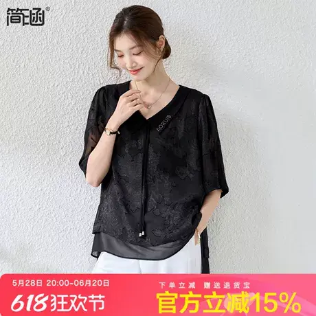 黑色系带V领短袖雪纺衫简涵夏季新款中年洋气妈妈宽松显瘦上衣商品大图