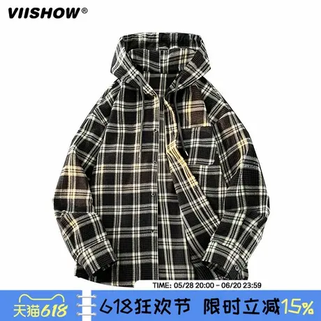 VIISHOW复古格子长袖衬衫男女春季新款宽松休闲连帽衬衣外套潮图片