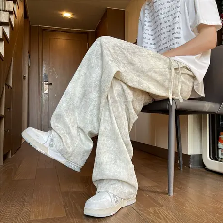 新中式冰丝裤子男夏季薄款潮牌凉感天丝休闲裤宽松直筒皱感阔腿裤商品大图