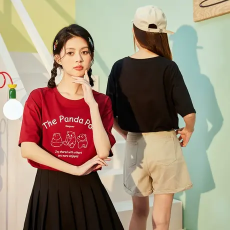 唐狮新款熊猫印花T恤女夏季甜美白色短袖上衣女学院风体恤商品大图
