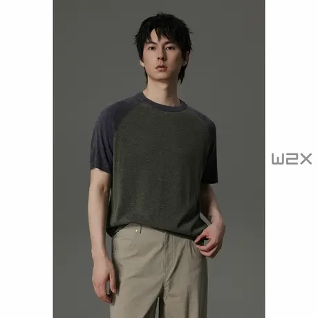 w2x夏季撞色拼接圆领针织短袖T恤男时尚百搭青年半袖宽松休闲体恤商品大图