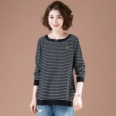 条纹T恤女长袖春秋季加肥加大码女装宽松显瘦中年妈妈纯棉打底衫商品大图
