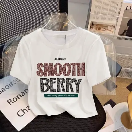 港味短款T恤短袖女chic复古印花纯棉ins潮辣妹大码显瘦宽松上衣夏商品大图