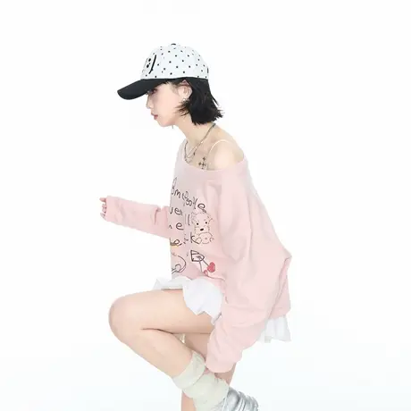 一字领斜肩长袖创意印花卫衣女2025秋季新款宽松少女甜辣风上衣图片