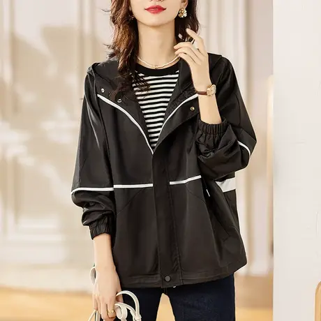 连帽长袖外套女春秋季新款宽松加大码女装胖妈妈休闲百搭薄款上衣商品大图