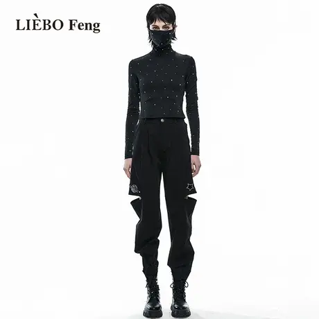 裂帛LIEBOFeng商场同款2023年早春新品国潮甜酷黑色铆钉高领T恤女图片