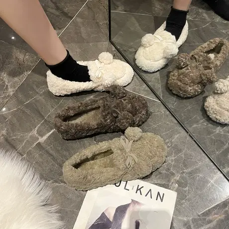 女鞋新款2023爆款时尚气质一脚蹬蝴蝶结孕妇鞋轻便平底绒面豆豆鞋商品大图