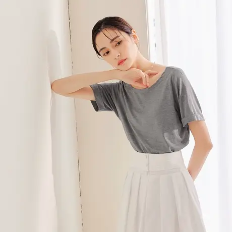 桔熊夏季休闲凉爽莫代尔露背t恤舒适U领短袖上衣女装大码AB17342图片