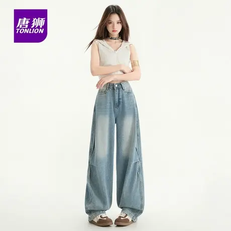 唐狮复古褶皱设计宽松阔腿弯刀牛仔裤女2025年新款设计镰刀长裤AX图片