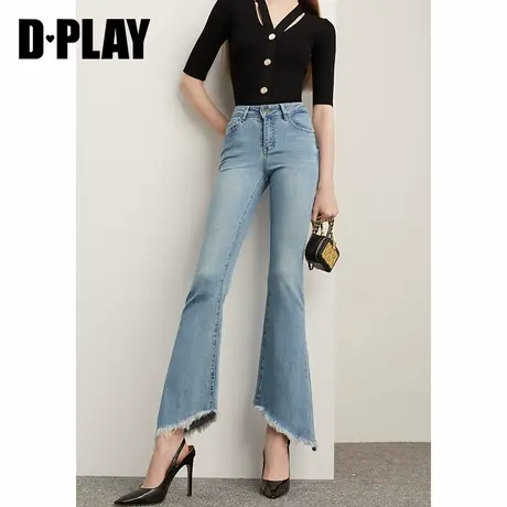 DPLAY秋季新气质通勤设计感不规则斜边毛边微喇牛仔蓝牛仔裤图片