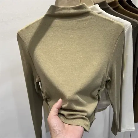 半高领褶皱收腰长袖T恤女春秋季修身显瘦洋气内搭打底衫上衣潮ins图片