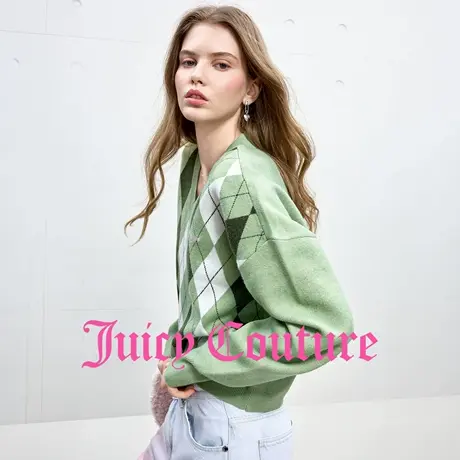 Juicy Couture橘滋针织衫女2025年秋季新款学院风菱格V领刺绣上衣图片