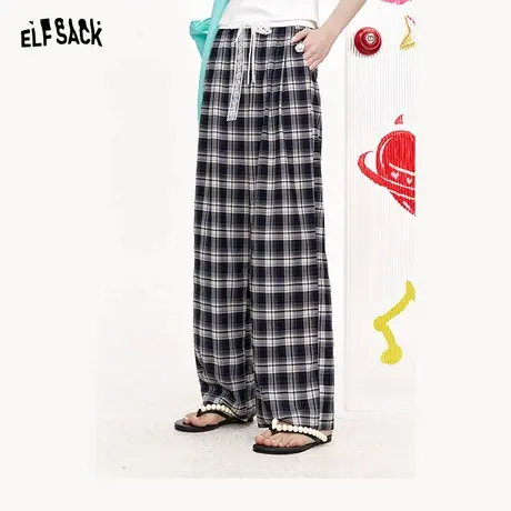 妖精的口袋蕾丝蝴蝶结格纹直筒裤女2025年夏季新款宽松百搭休闲裤商品大图