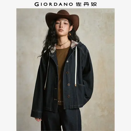 设计师款佐丹奴牛仔外套女格纹帽里抽绳宽松连帽牛仔夹克18375206商品大图