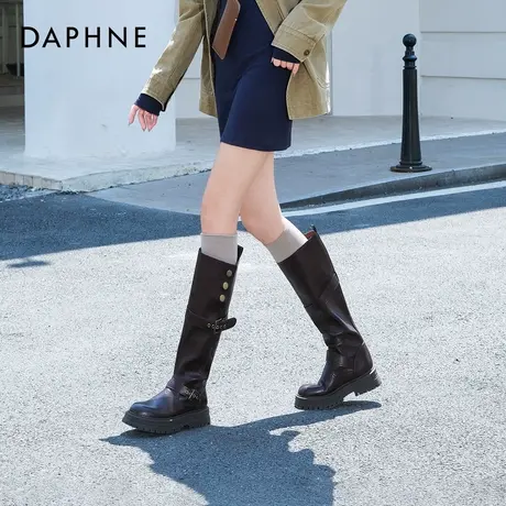 达芙妮长筒靴女2025秋季新款美拉德英伦风骑士靴皮带扣厚底马丁靴图片