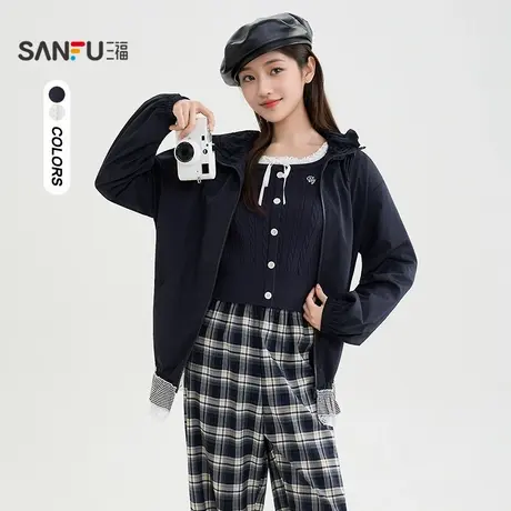 #三福单外套2025秋季花边抽绳下摆立领宽松上衣女装507137商品大图
