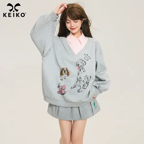 KEIKO 可爱小狗印花灰色polo领卫衣女2025秋季宽松减龄假两件上衣商品大图