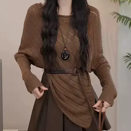 慵懒风不规则下摆镂空针织衫女秋季新款高级感韩系长袖针织上衣女商品大图