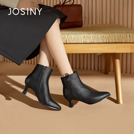 卓诗尼时装靴法式尖头短靴女黑色细跟侧拉链百搭气质瘦瘦靴时装靴图片