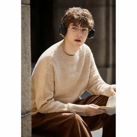 唐狮秋季男士圆领毛线衫暗纹肌理绞花小众设计感慵懒风毛衣TMTA商品大图