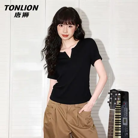唐狮官方黑色短袖女t恤夏2026新款夏季短款修身显瘦半袖上衣女VB商品大图