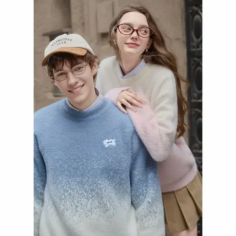 唐狮秋冬季新款情侣毛衣女仿海马绒圆领套头渐变超好看毛线衫TM图片