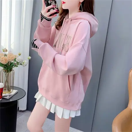 粉色假两件袖连帽卫衣女春秋2023年新款韩版宽松洋气减龄时尚外套商品大图