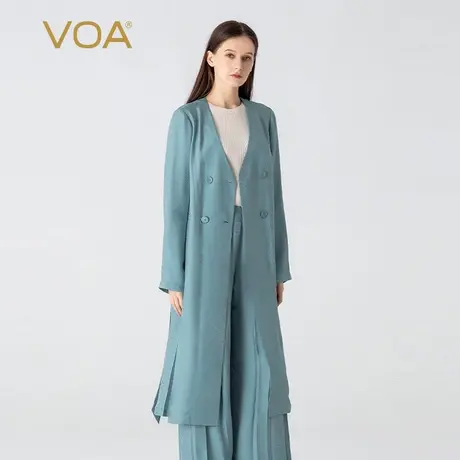 VOA桑蚕丝暗纹提花淡蓝V领长袖双排扣腰带口袋中长款通勤真丝风衣商品大图