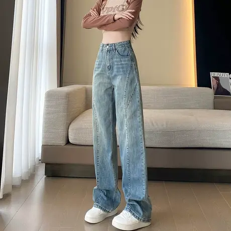 阔腿牛仔裤女2023年新款春秋高腰加长复古小个子拖地宽松直筒裤子商品大图