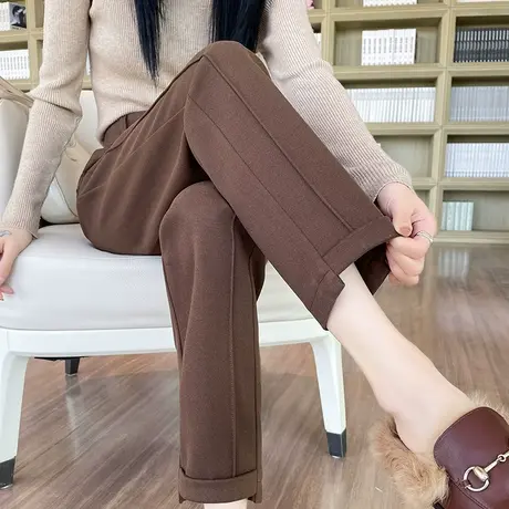咖啡色毛呢裤女高腰秋冬款小个子呢子休闲裤九分哈伦裤加厚烟管裤图片