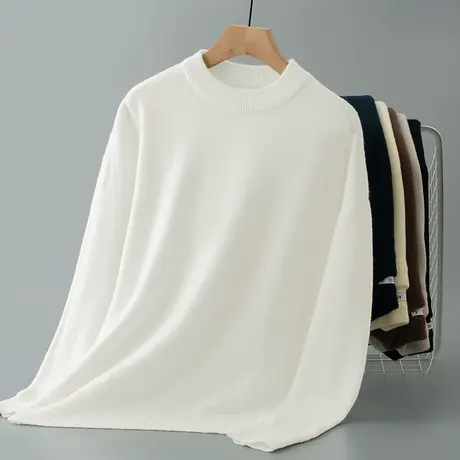 圆领毛衣男秋冬季外穿慵懒风纯色白色针织衫线衣潮流宽松复古毛衫商品大图