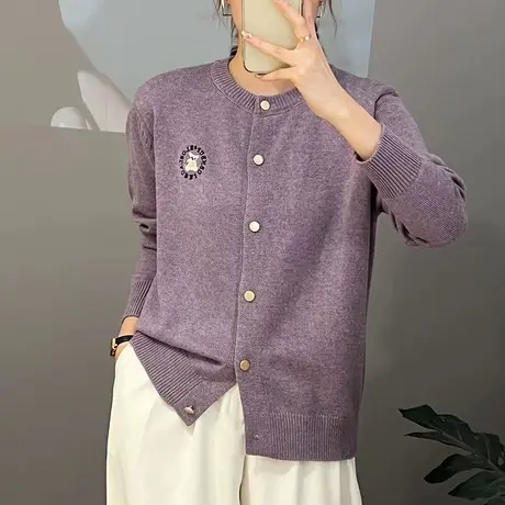 韩版休闲圆领卡通刺绣针织开衫毛衣新款女装2023秋冬百搭时尚外套图片