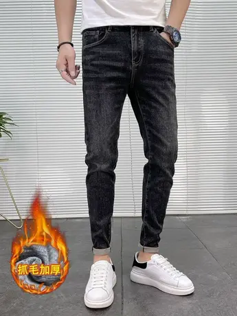 冬季男士加绒牛仔裤潮流男生加厚显瘦休闲裤薄绒修身小脚牛仔长裤商品大图