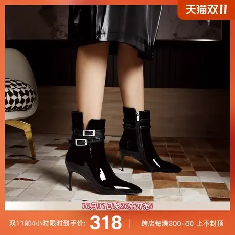 熙漫2023秋冬新款漆皮尖头气质黑色短靴细跟性感日常职业百搭女靴图片