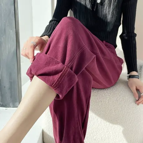 加绒牛仔裤女冬季新款小个子高腰宽松复古直筒束脚加厚九分工装裤图片