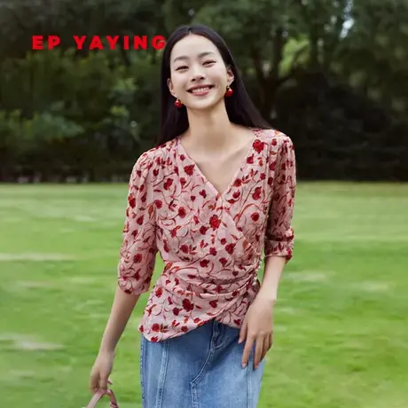 EP YAYING雅莹女装 国风抽褶暖感丝绒烧花显瘦衬衫 商场同款2322A商品大图