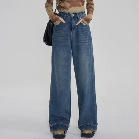 宽松潮牌毛边牛仔裤女2023年新款直筒裤宽松美式小众复古垂感裤子商品大图