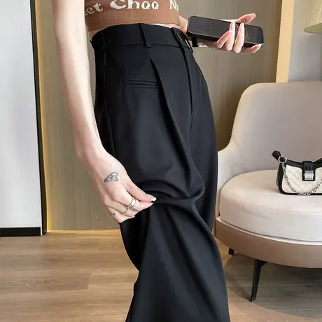 西装阔腿裤女裤子春秋2024新款高腰垂感宽松直筒休闲显瘦黑色西裤图片