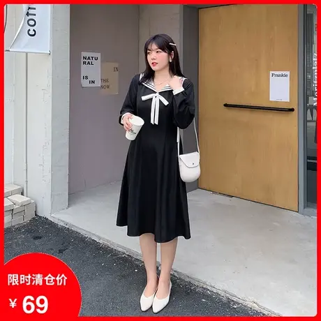 2023秋新款海军领学院风减龄显瘦中长款过膝遮肉胖MM连衣裙大码商品大图