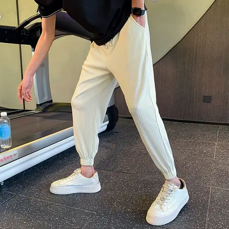 夏季潮流休闲束脚裤新款潮牌垂感条纹冰丝薄款小脚九分裤哈伦卫裤商品大图