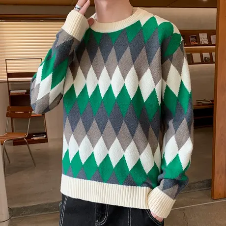 菱形格子圆领毛衣男秋冬季加厚2023新款针织衫男宽松休闲毛衫外套商品大图