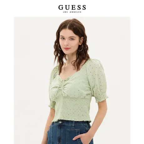 【38上新季】GUESS女甜美气质收腰显瘦短款泡泡袖方领衬衫上衣商品大图