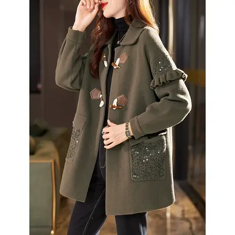 宝诗黎翻领牛角扣亮片钉珠外套2023秋季新款仿毛呢口袋上衣女宽松商品大图
