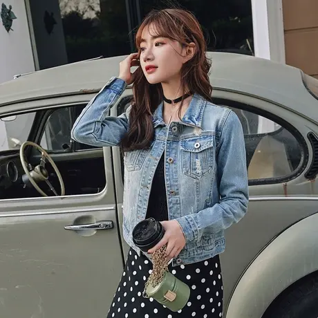 ins春秋新款修身短款牛仔褂外套女网红显瘦百搭上衣服潮破洞8图片