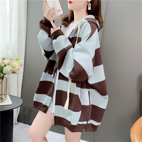 中长款条纹连帽卫衣开衫女秋季2022新款宽松慵懒风设计感上衣外套商品大图