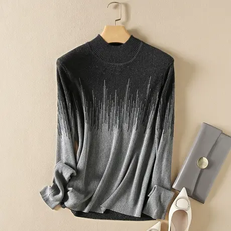 春装2024年新款美丽诺羊毛半高领针织打底衫上衣女亮丝渐变色毛衣商品大图