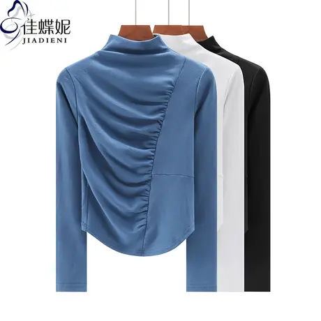 春秋新款韩版半高领修身纯色纯棉圆弧长袖上衣内搭女打底衫T恤商品大图