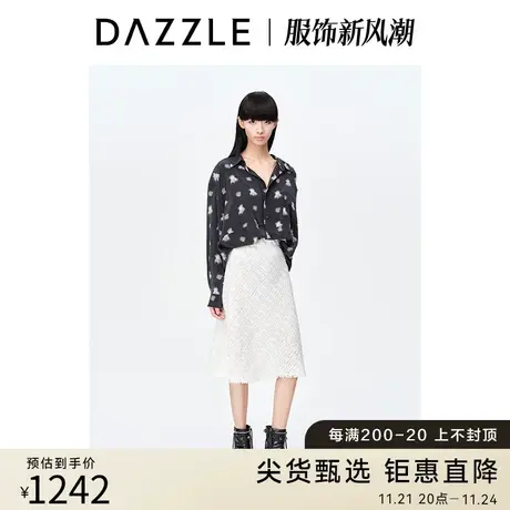 DAZZLE地素奥莱23春季新款黑色复古砂洗真丝做旧印花长袖衬衫上衣图片