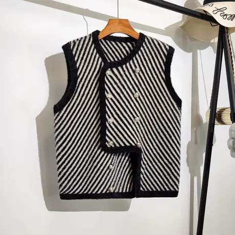 小香风毛衣马甲开衫女秋冬新款法式名媛气质条纹针织马夹背心外套商品大图